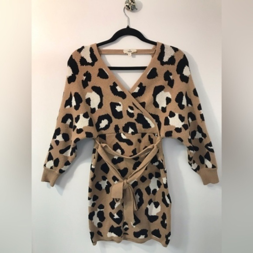 Sale🖤Mini Sweater Dress Faux Wrap Dress Leopard Print Long Sleeve Cheetah Small